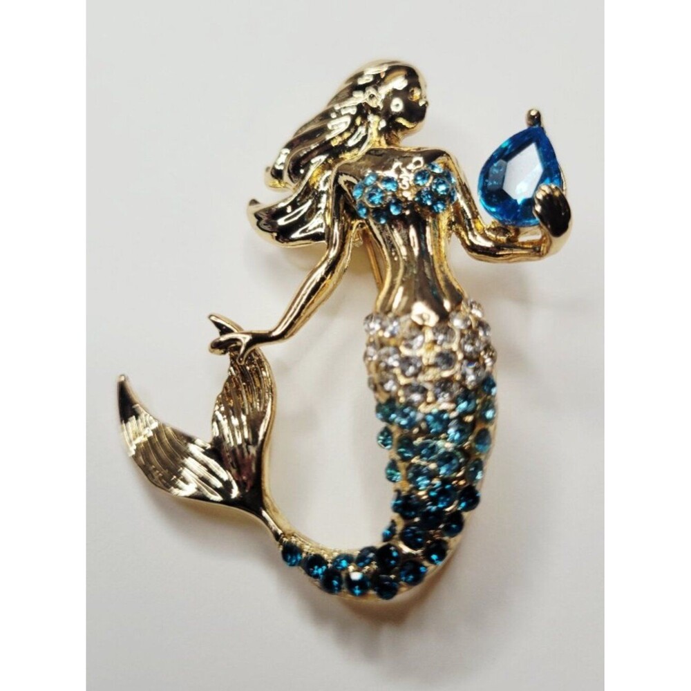 NWT Vintage Inspired Aqua Blue Gold Rhinestones Mermaid Brooch Mermaid Tail Pin